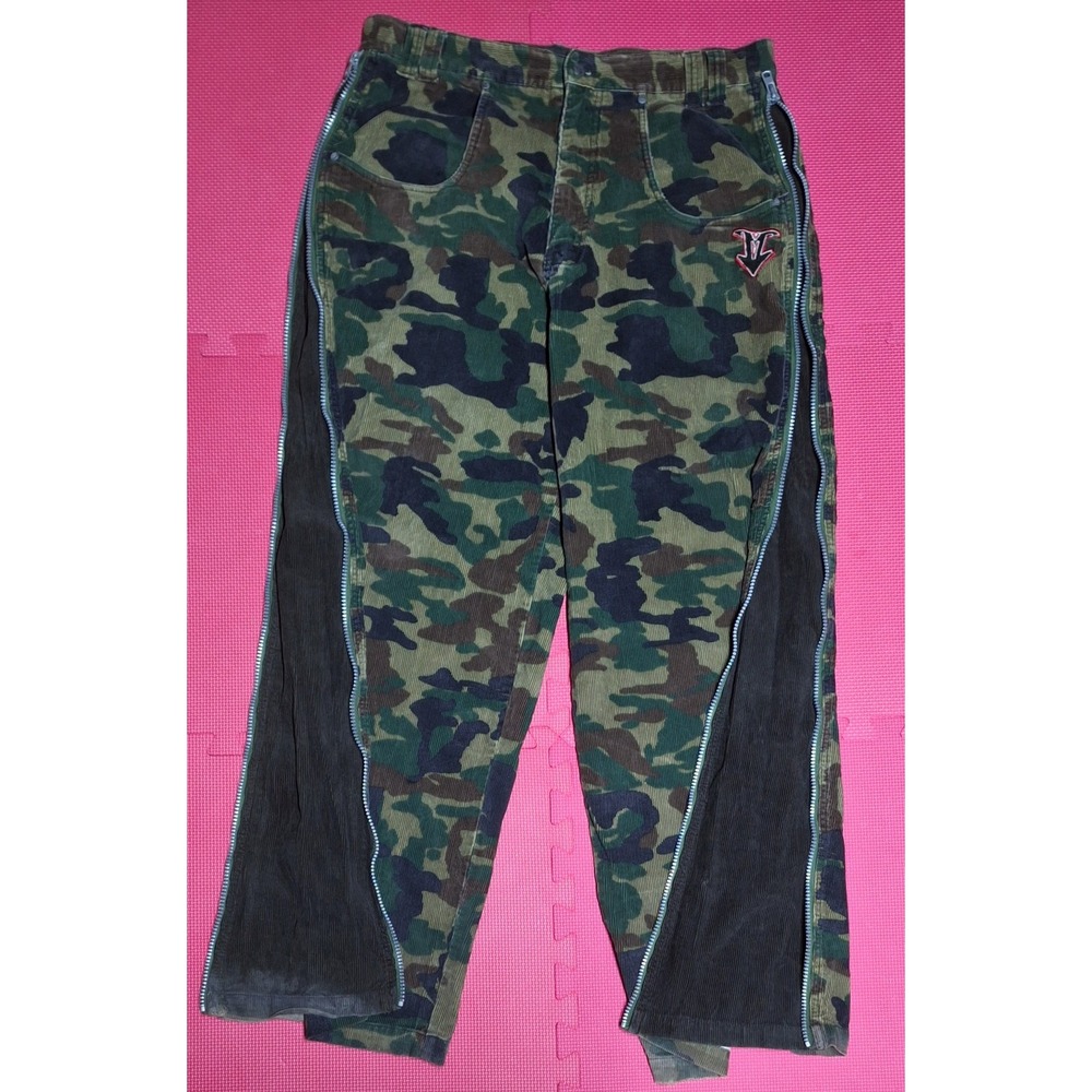 Vintage Y2K Mac Gear Rave Pants Camo Baggy Corduroy Side Zippers Size 36x34 Mens